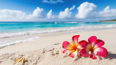 Two Pink Plumeria Flowers On Tropical Beach Sand