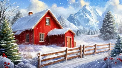 Red Wooden Cabin In Snowy Mountain Landscape