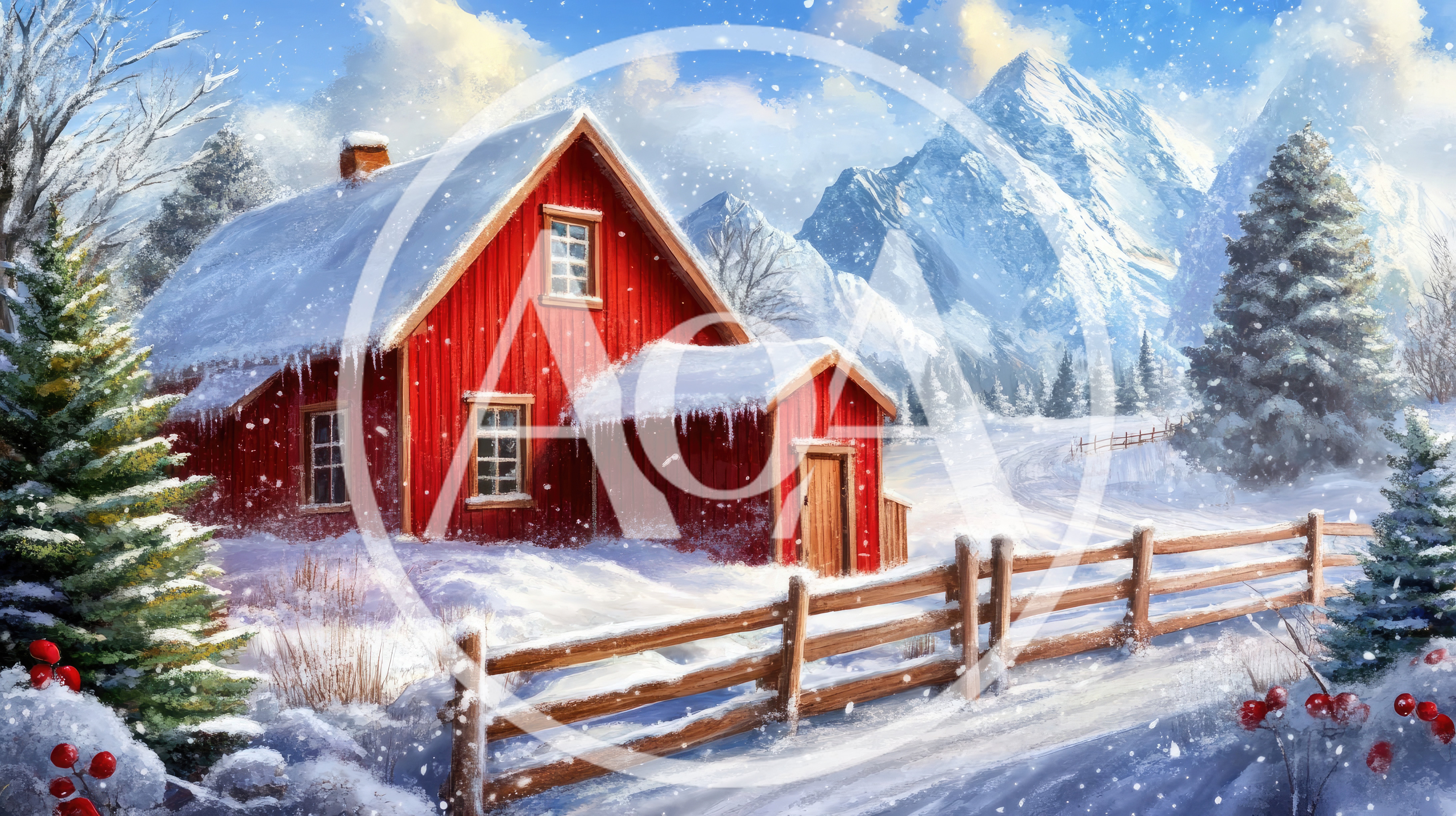 Red Wooden Cabin In Snowy Mountain Landscape