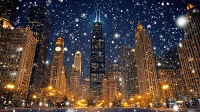 Chicago Skyline At Night During A Winter Snowfall