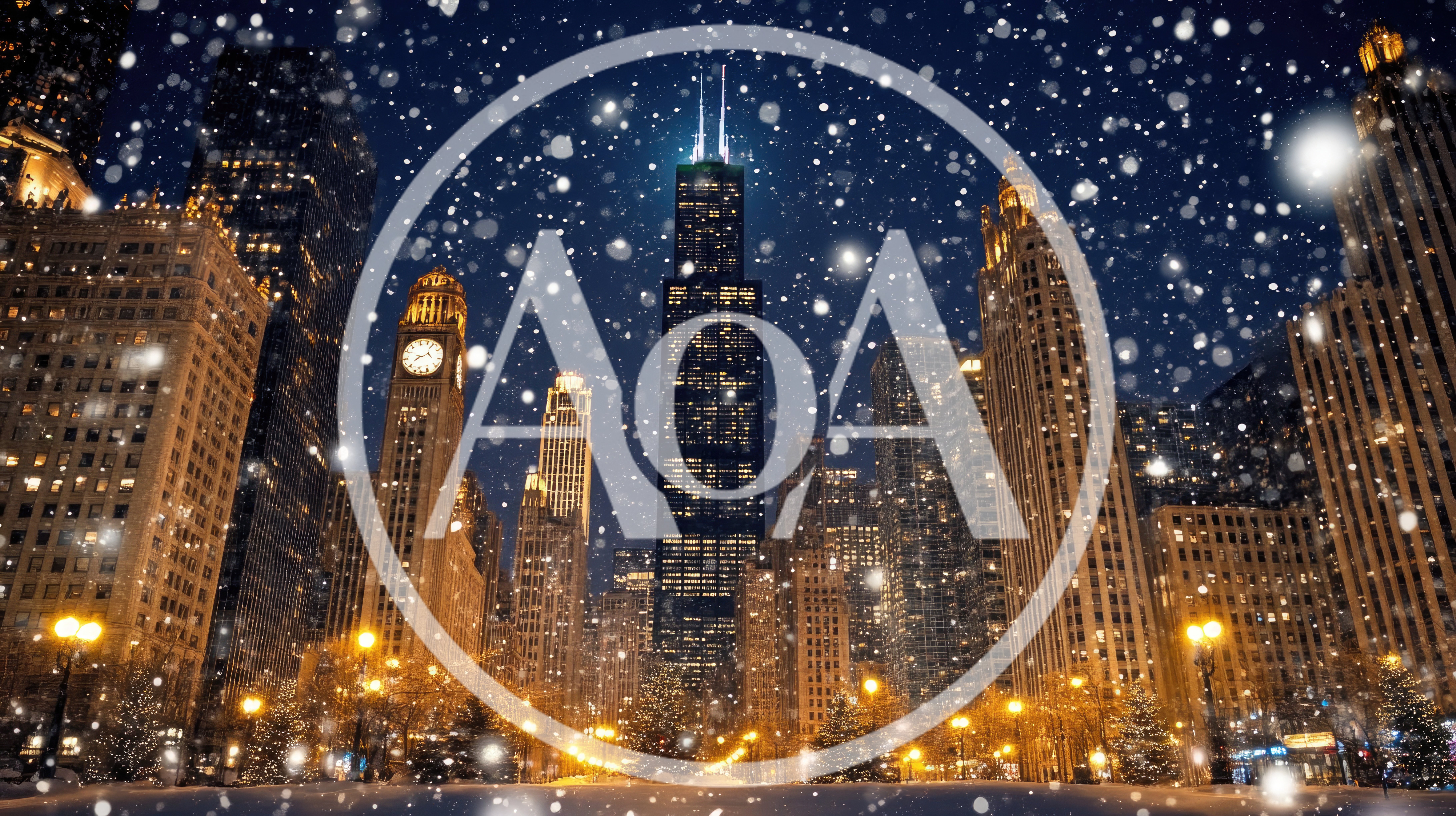 Chicago Skyline At Night During A Winter Snowfall