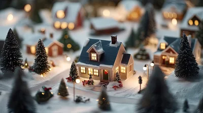 Miniature Christmas Village Scene With Glowing Houses