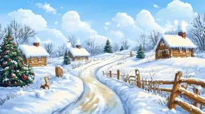 Winter Village Landscape With Decorated Christmas Tree