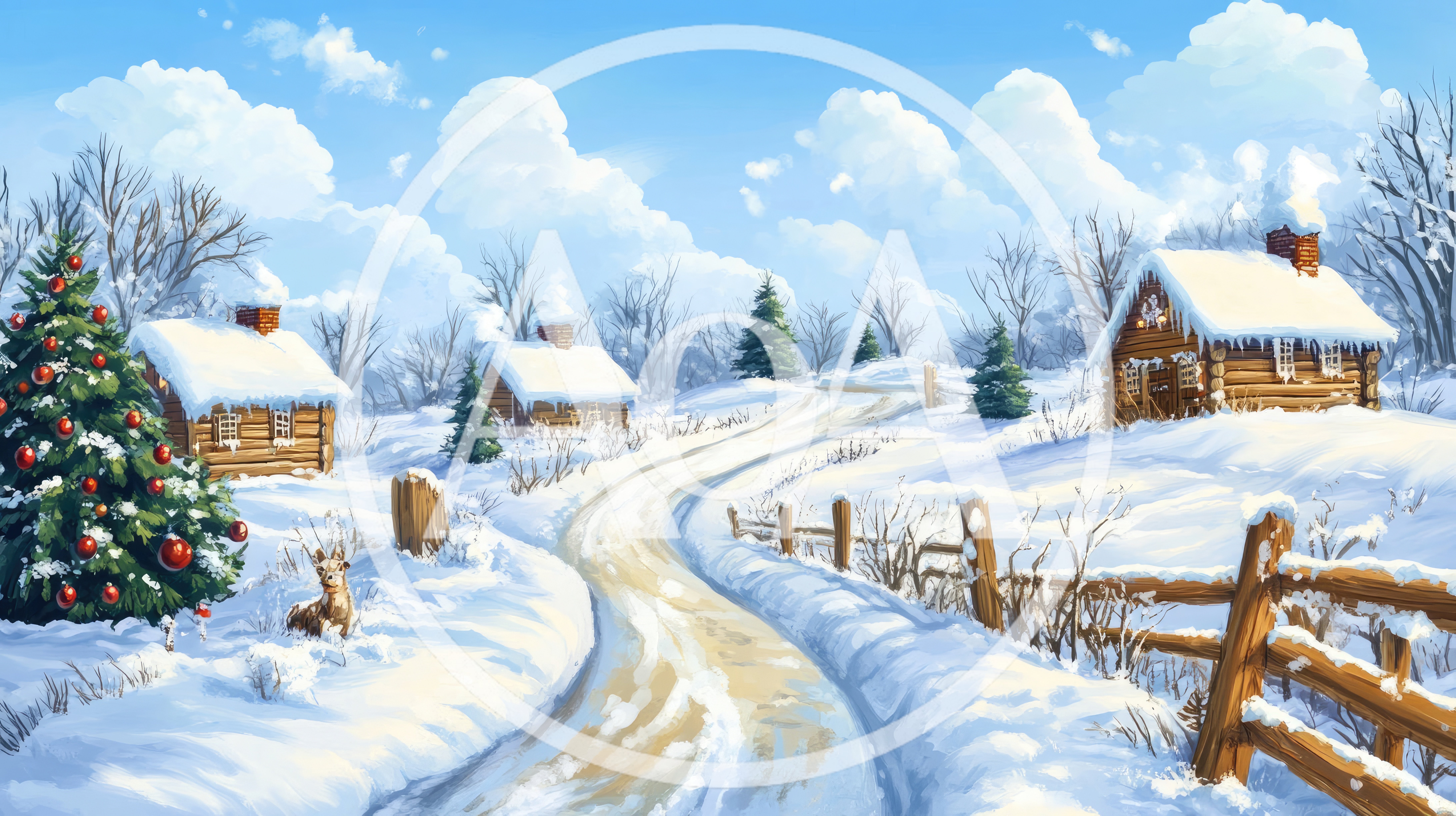 Winter Village Landscape With Decorated Christmas Tree