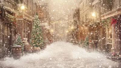 Snowy Christmas Street Scene With Decorated Trees