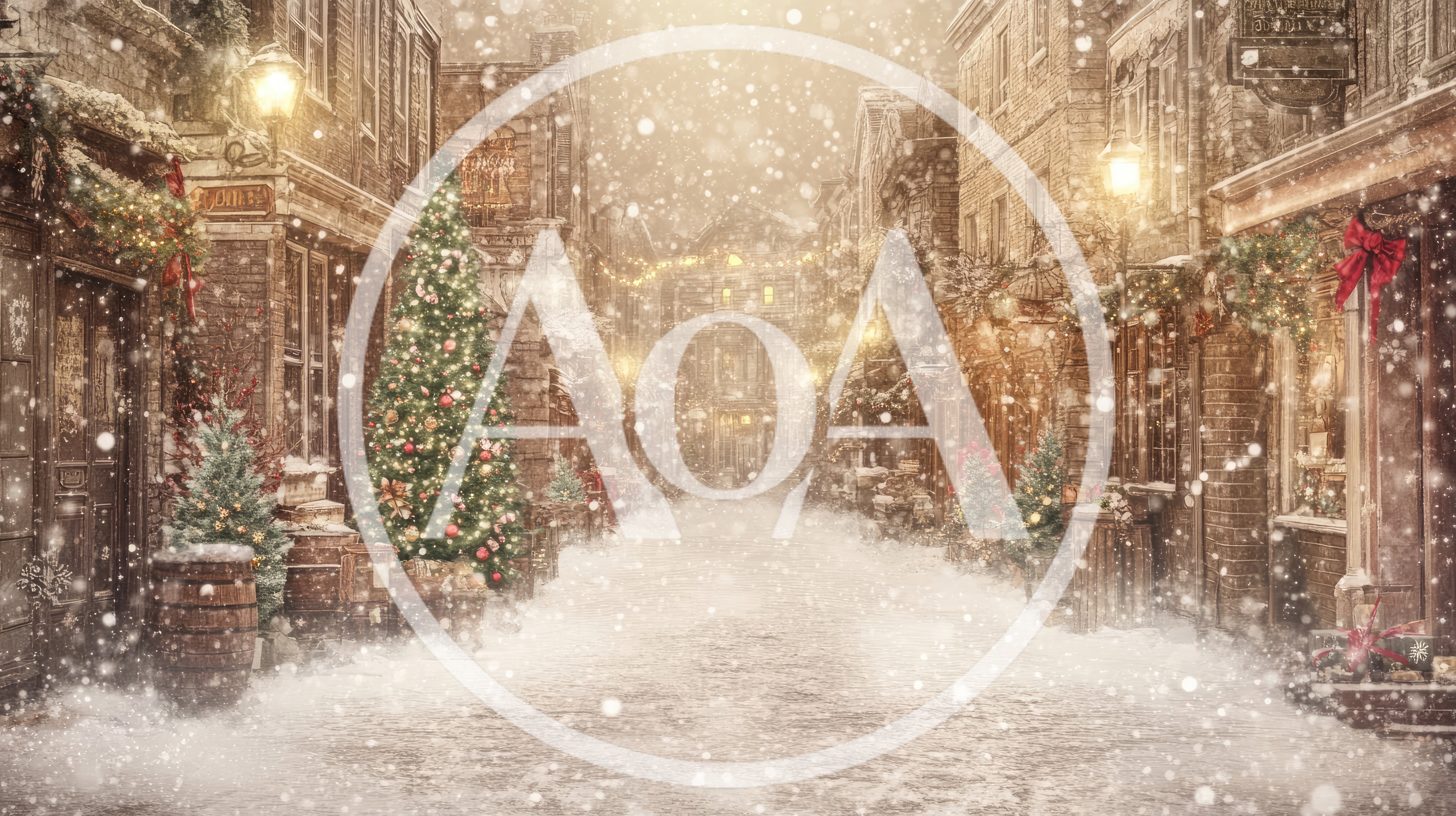 Snowy Christmas Street Scene With Decorated Trees