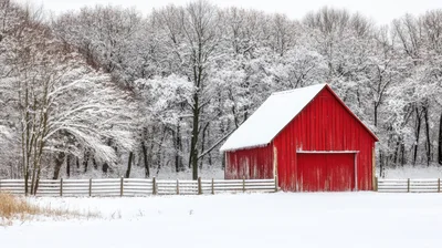 Red Barn In A Snowy Winter Forest Landscape