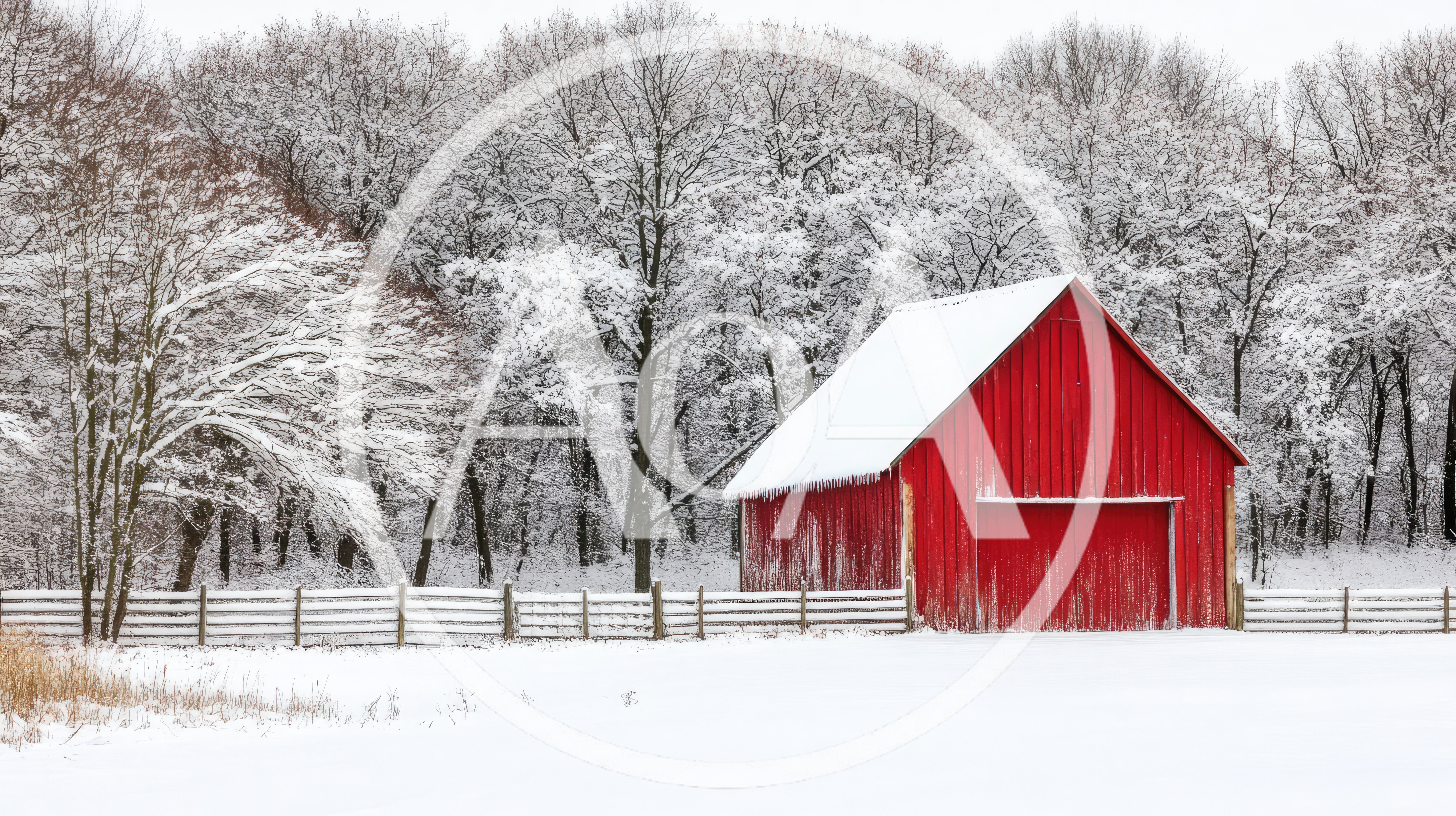 Red Barn In A Snowy Winter Forest Landscape
