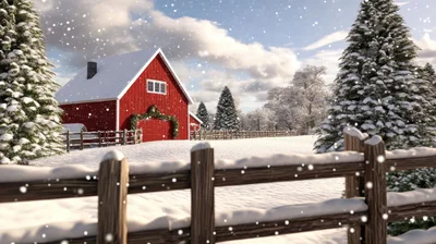 Snowy Winter Landscape With Red Barn And Pine Trees