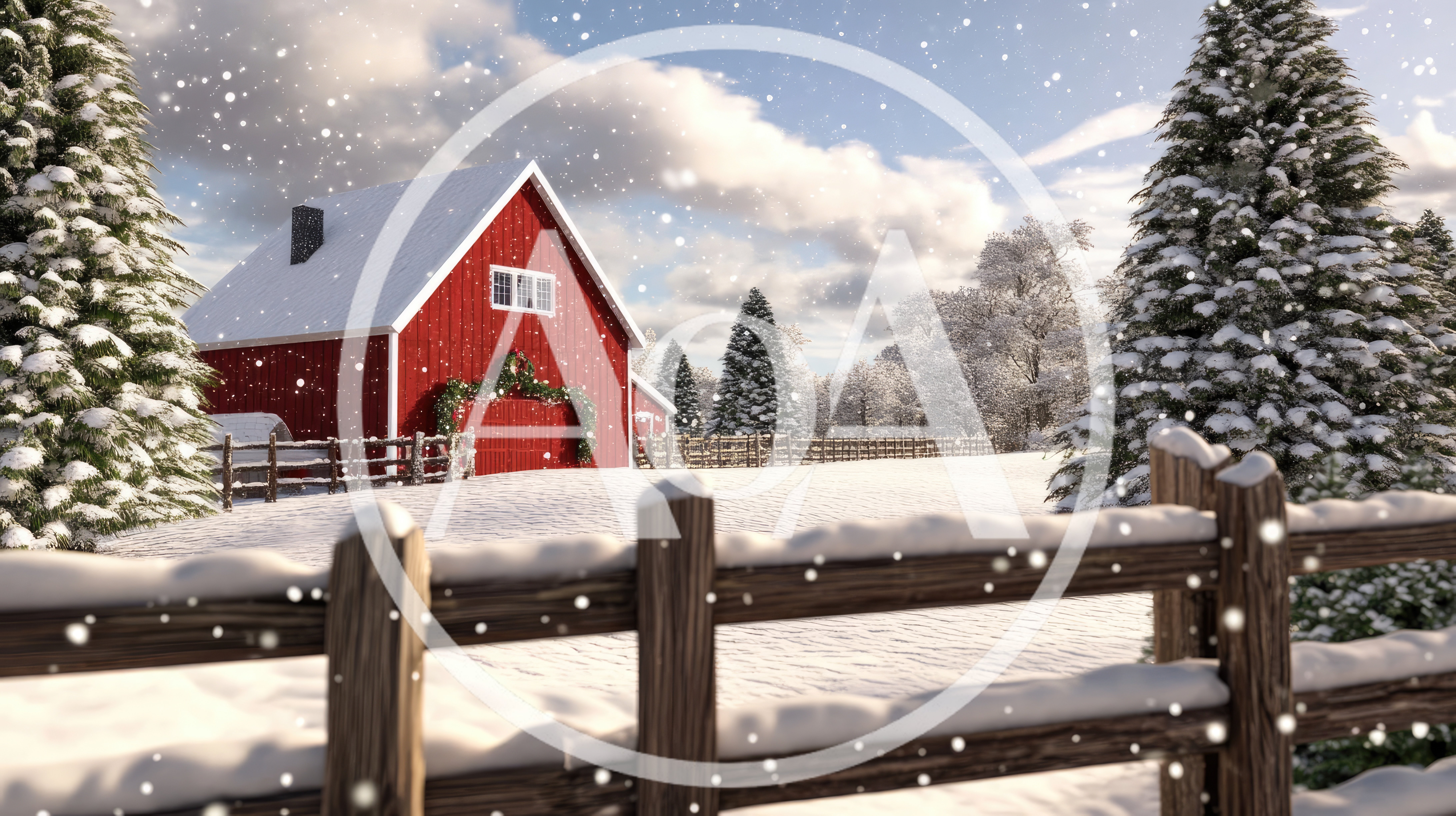 Snowy Winter Landscape With Red Barn And Pine Trees