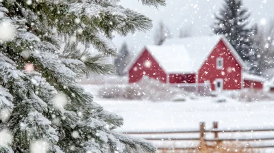 Snowy Pine Branch With Red Barn In Background