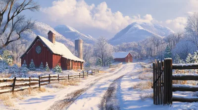 Snow Covered Farmhouse With Red Barn In Winter