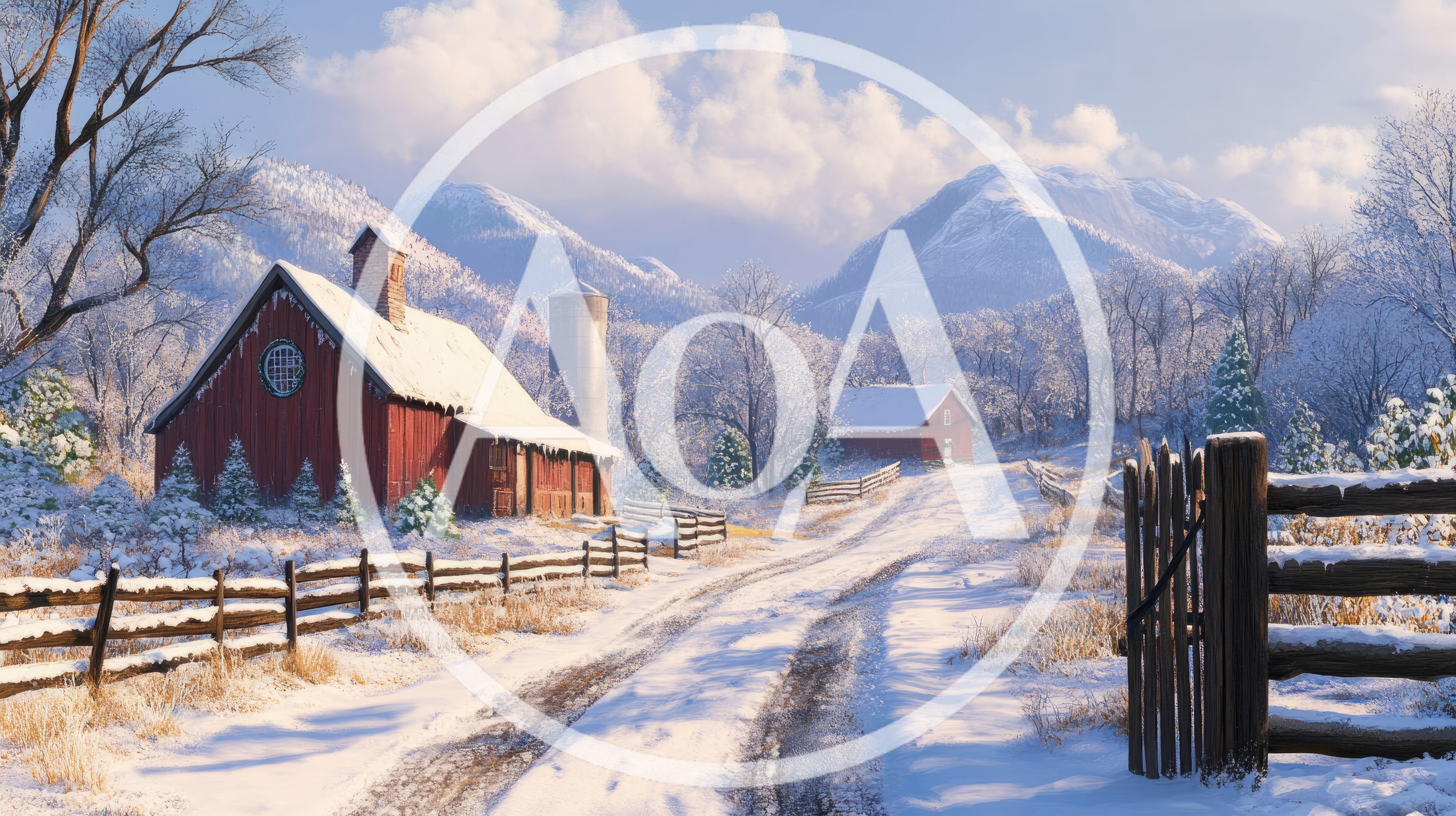 Snow Covered Farmhouse With Red Barn In Winter