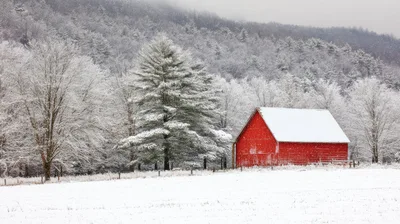 Red Barn In A Snowy Winter Landscape