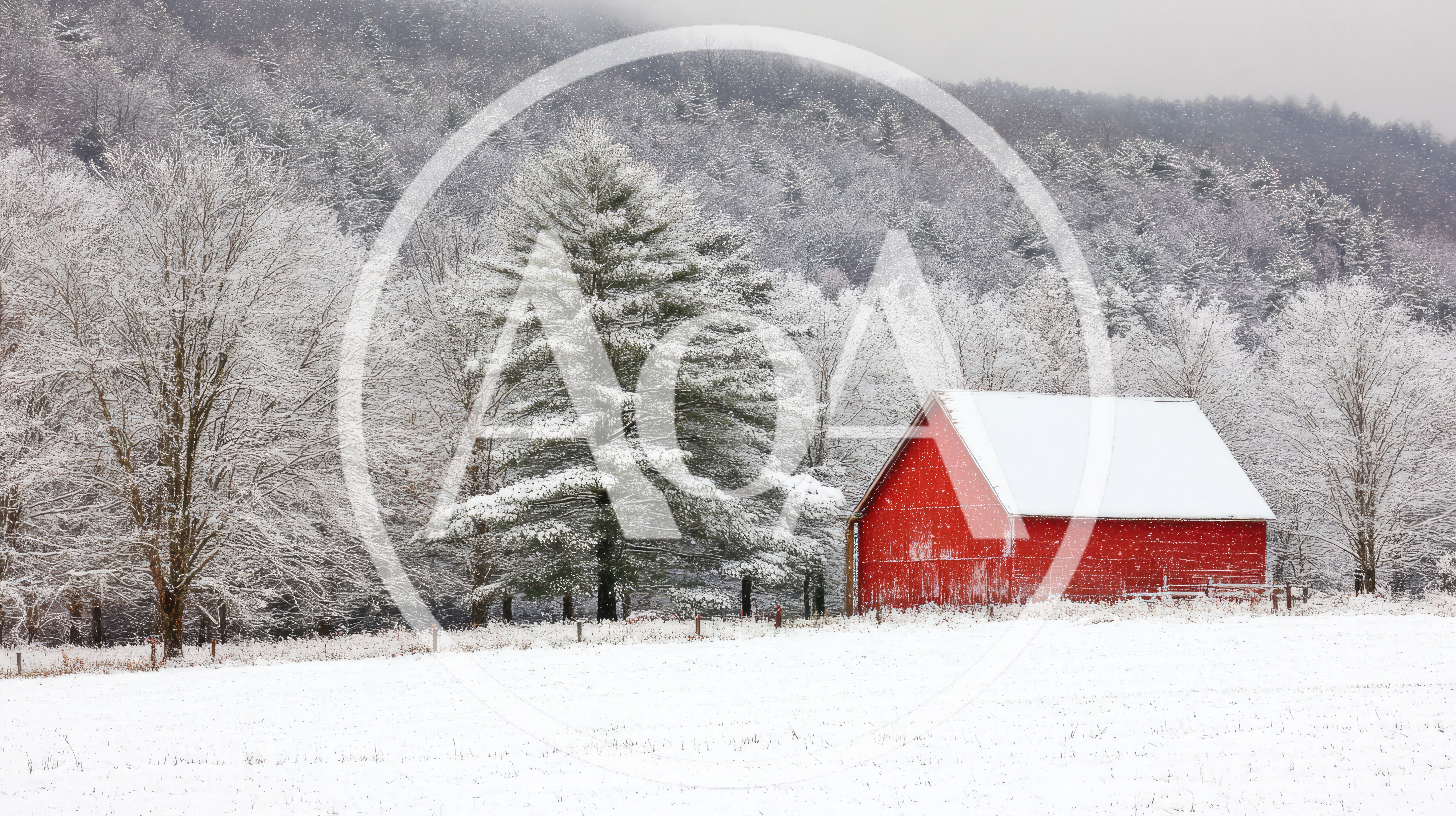 Red Barn In A Snowy Winter Landscape