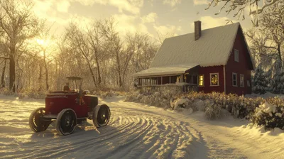 Vintage Red Car Parked Near Snowy Farmhouse