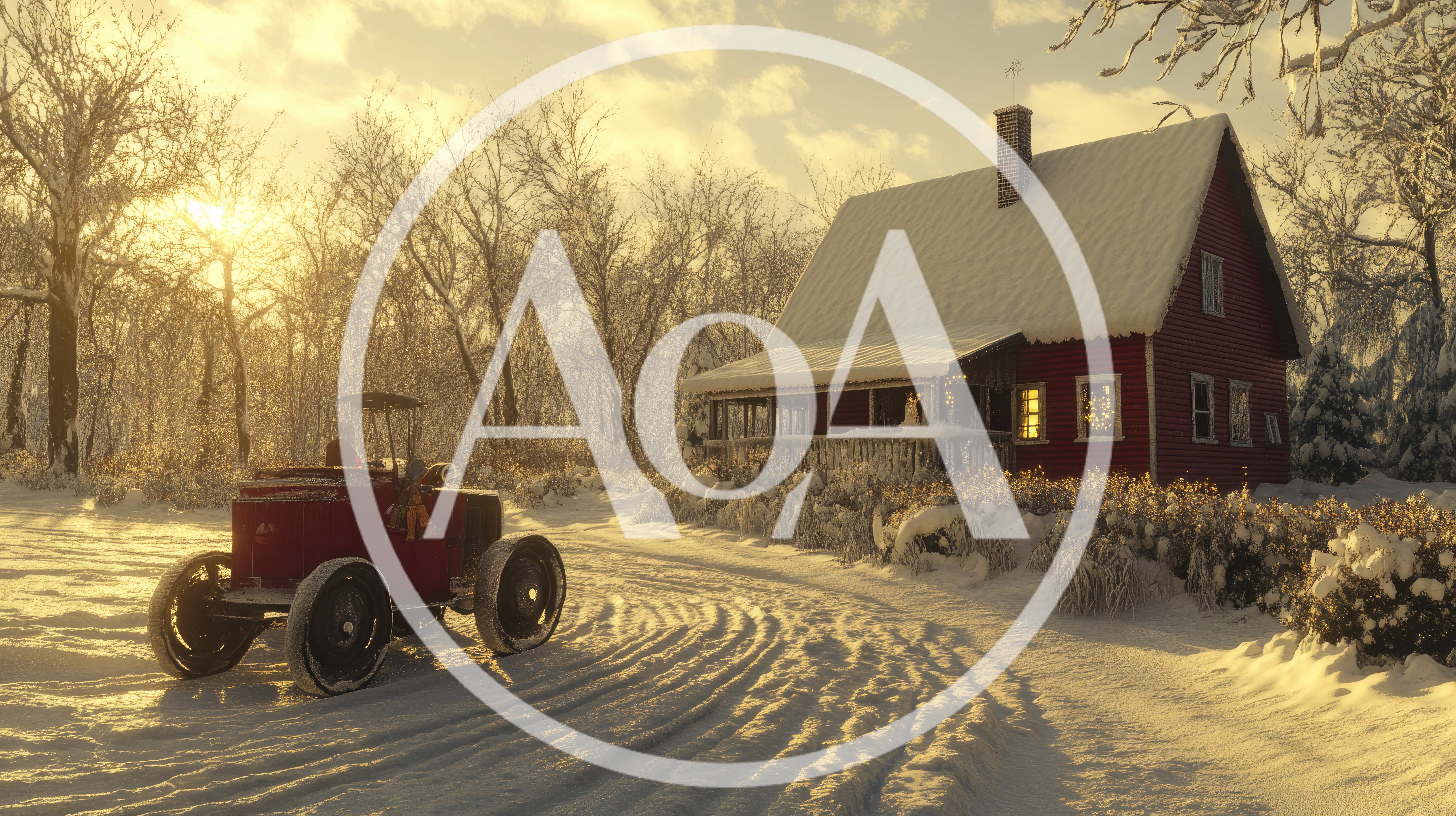 Vintage Red Car Parked Near Snowy Farmhouse