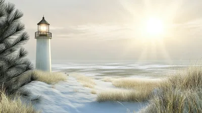Lighthouse Standing On A Snowy Coastal Dune