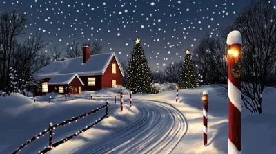 Red House With Christmas Trees In Snowy Landscape