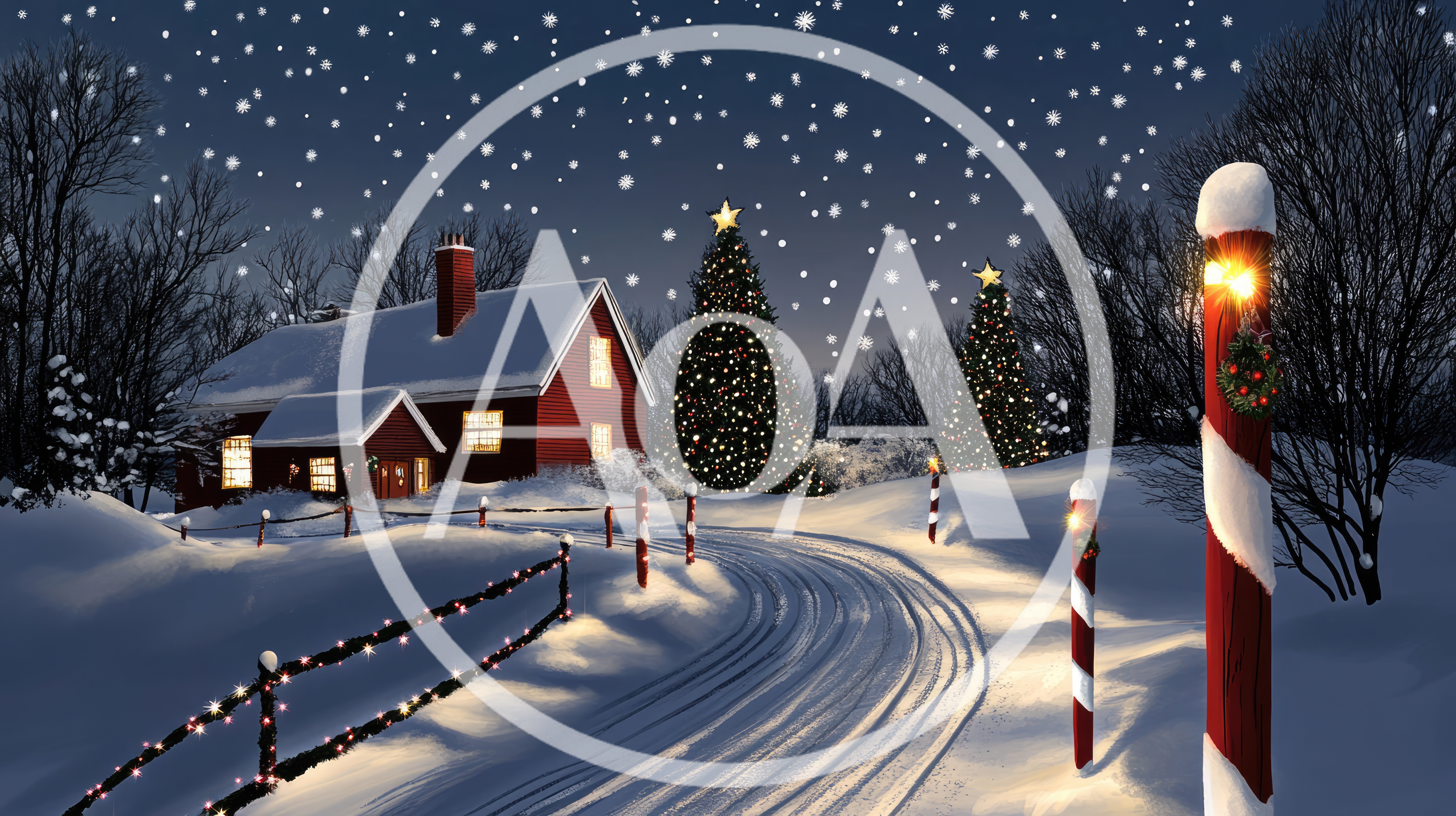 Red House With Christmas Trees In Snowy Landscape