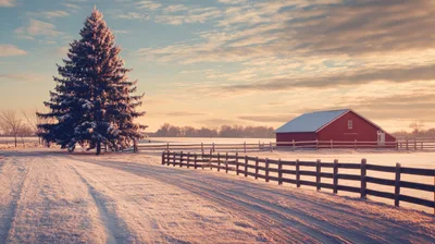Snowy Farm Landscape With Red Barn And Pine Tree