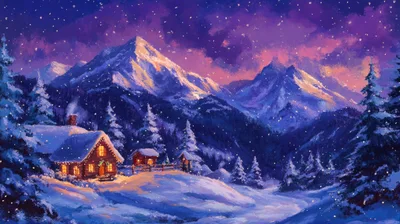 Cozy Log Cabin In Snowy Mountain Landscape