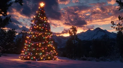 Illuminated Christmas Tree In Snowy Mountain Landscape