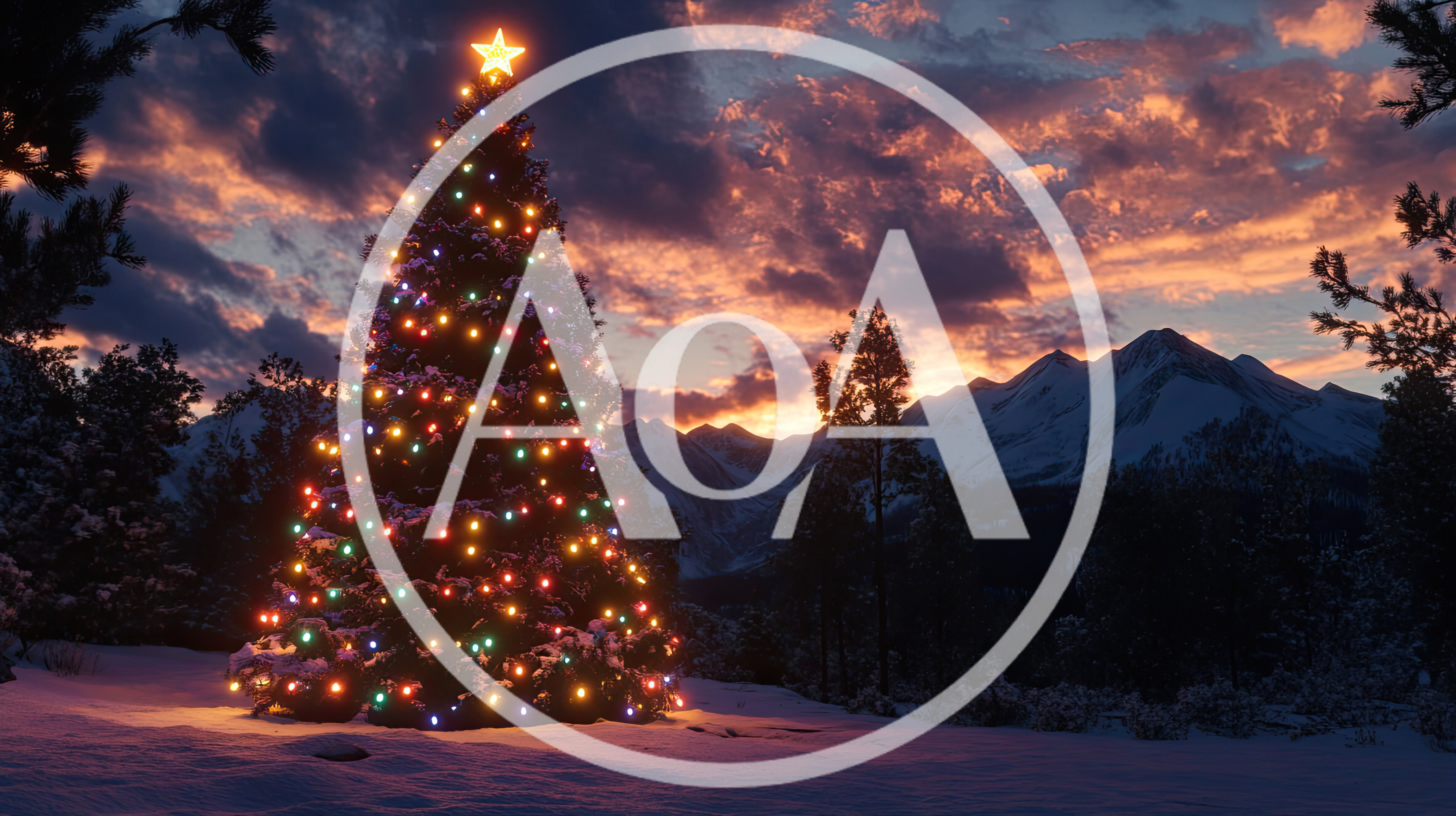 Illuminated Christmas Tree In Snowy Mountain Landscape