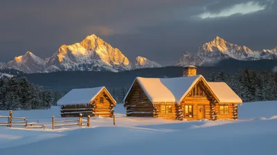 Log Cabins In Snowy Mountain Landscape At Sunset