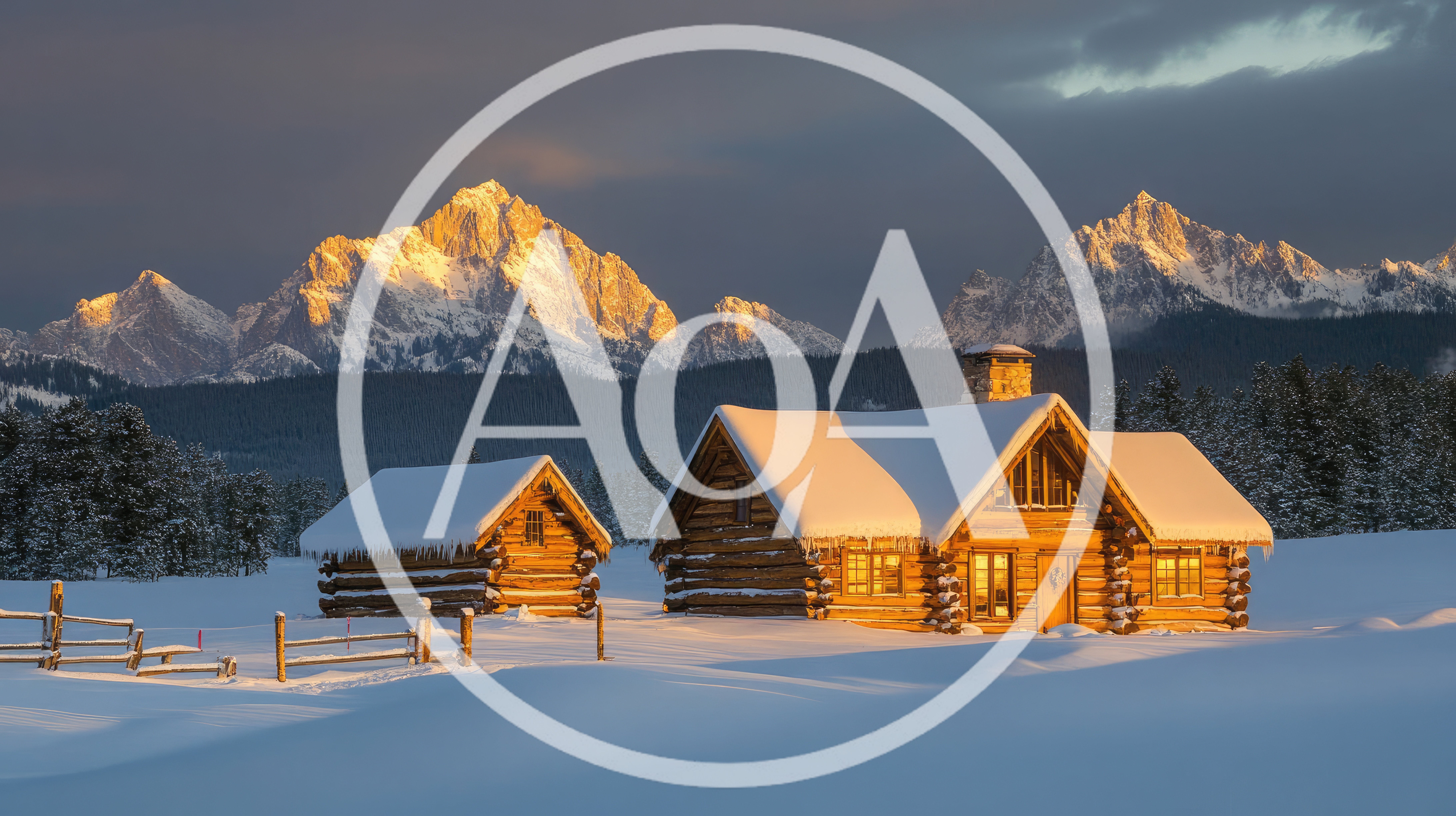 Log Cabins In Snowy Mountain Landscape At Sunset