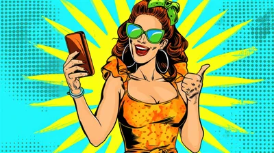 Pop Art Illustration of Woman Using Smartphone