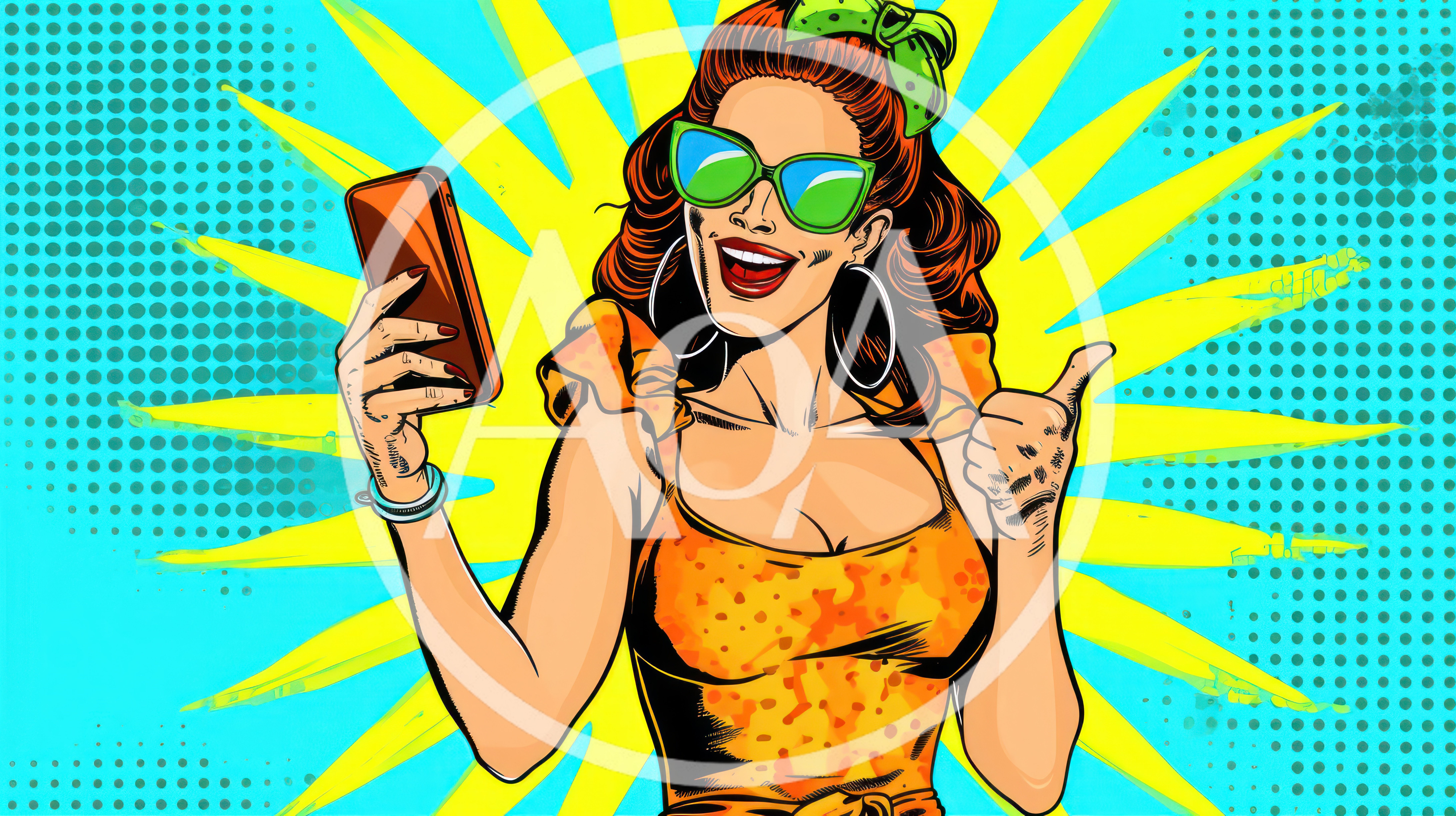Pop Art Illustration of Woman Using Smartphone