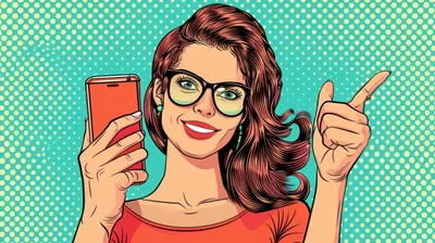 Pop Art Woman Holding Smartphone And Pointing