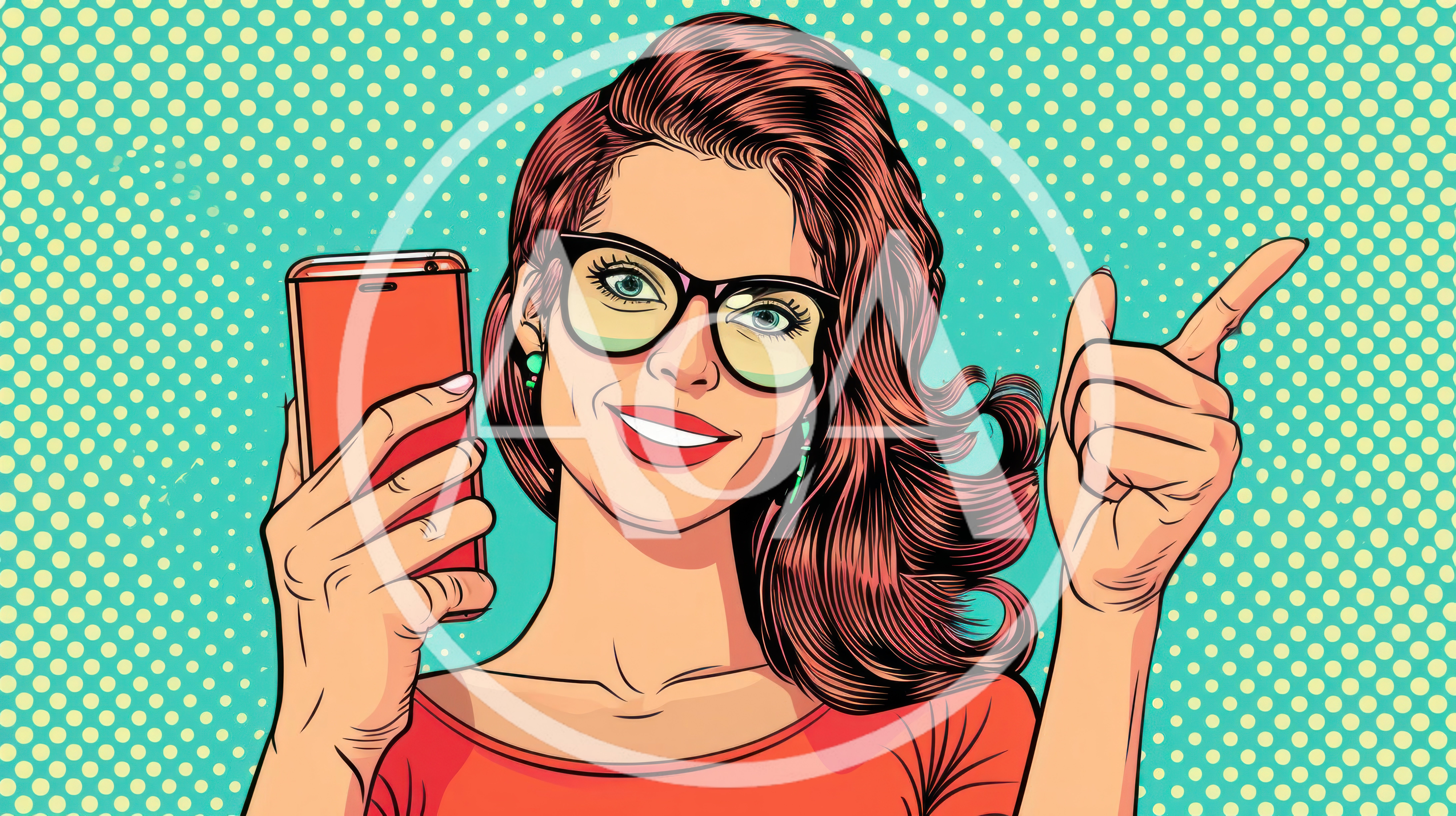 Pop Art Woman Holding Smartphone And Pointing