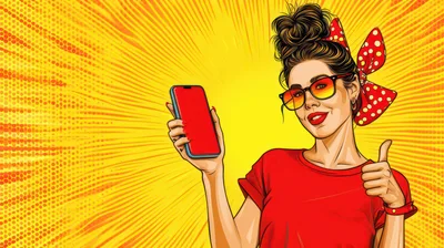 Pop Art Woman Holding Smartphone With Thumb Up