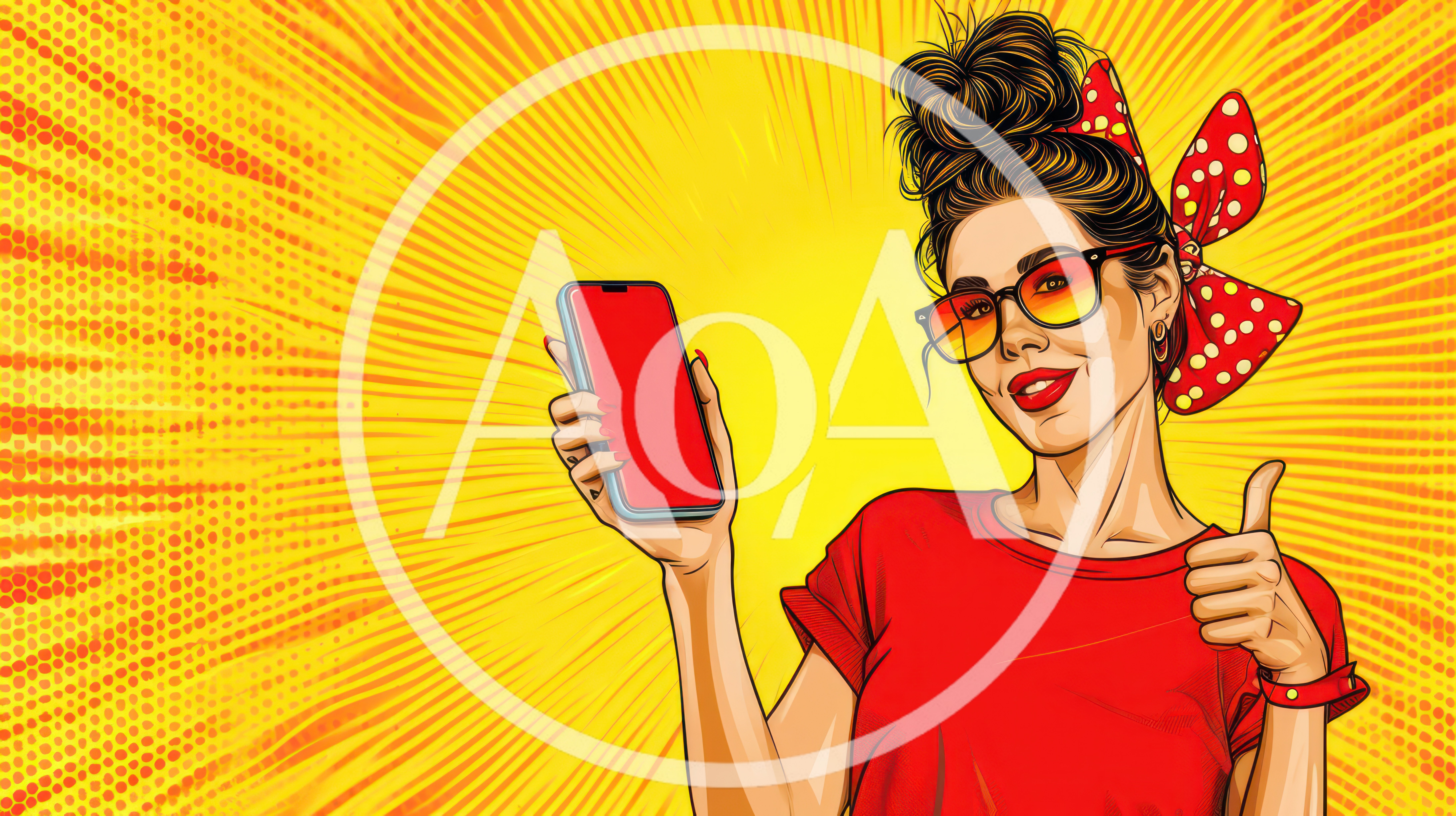 Pop Art Woman Holding Smartphone With Thumb Up