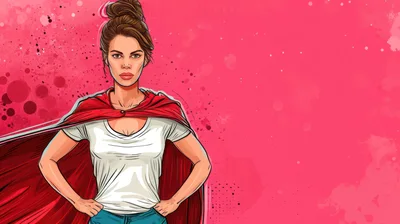 Comic Book Style Superhero Woman With Red Cape