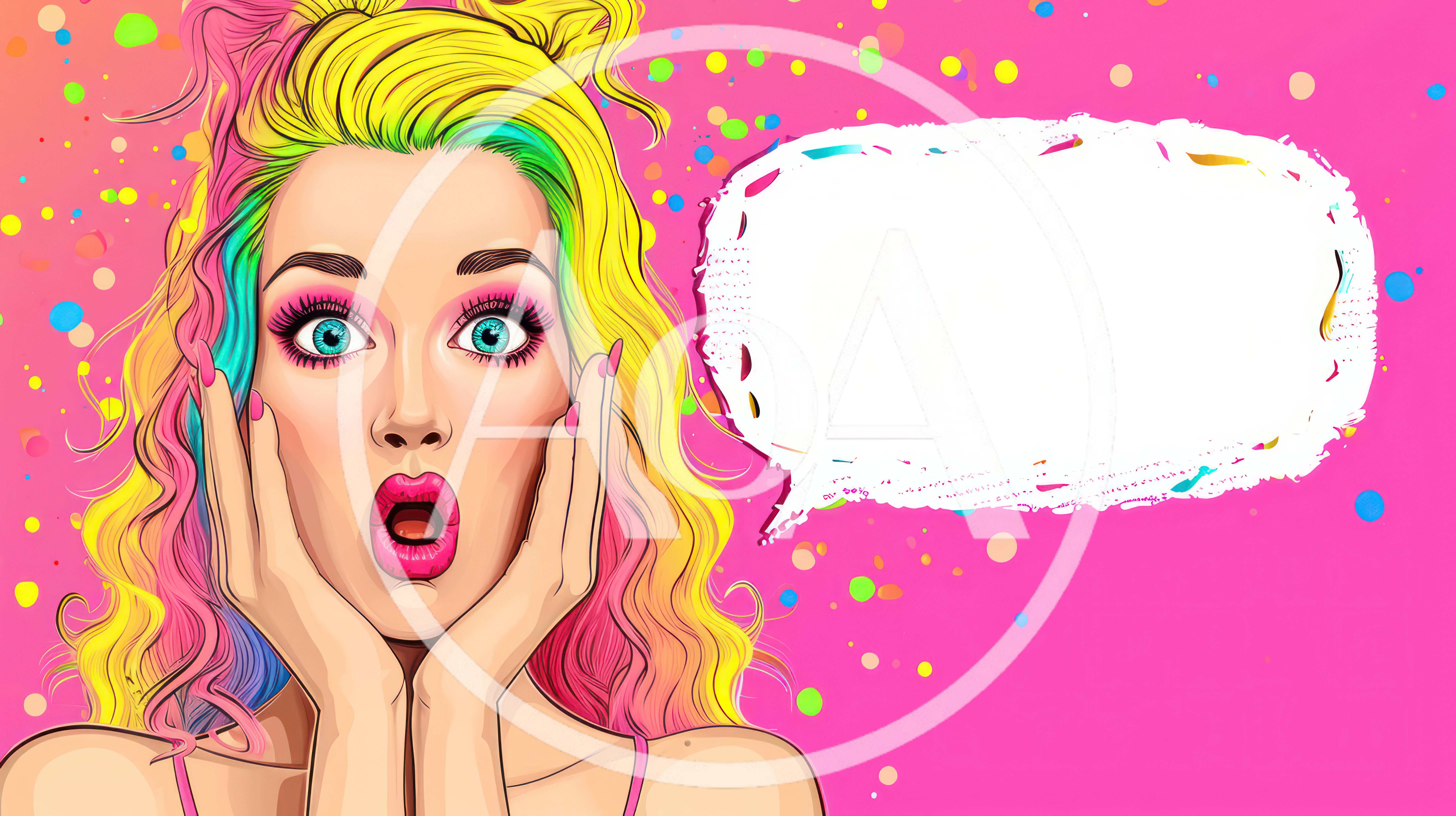 Surprised Woman With Colorful Hair And Speech Bubble
