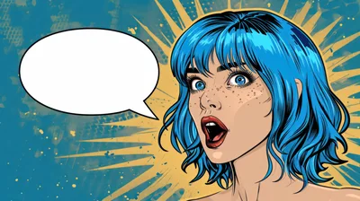 Pop Art Illustration Of Surprised Woman With Blue Hair