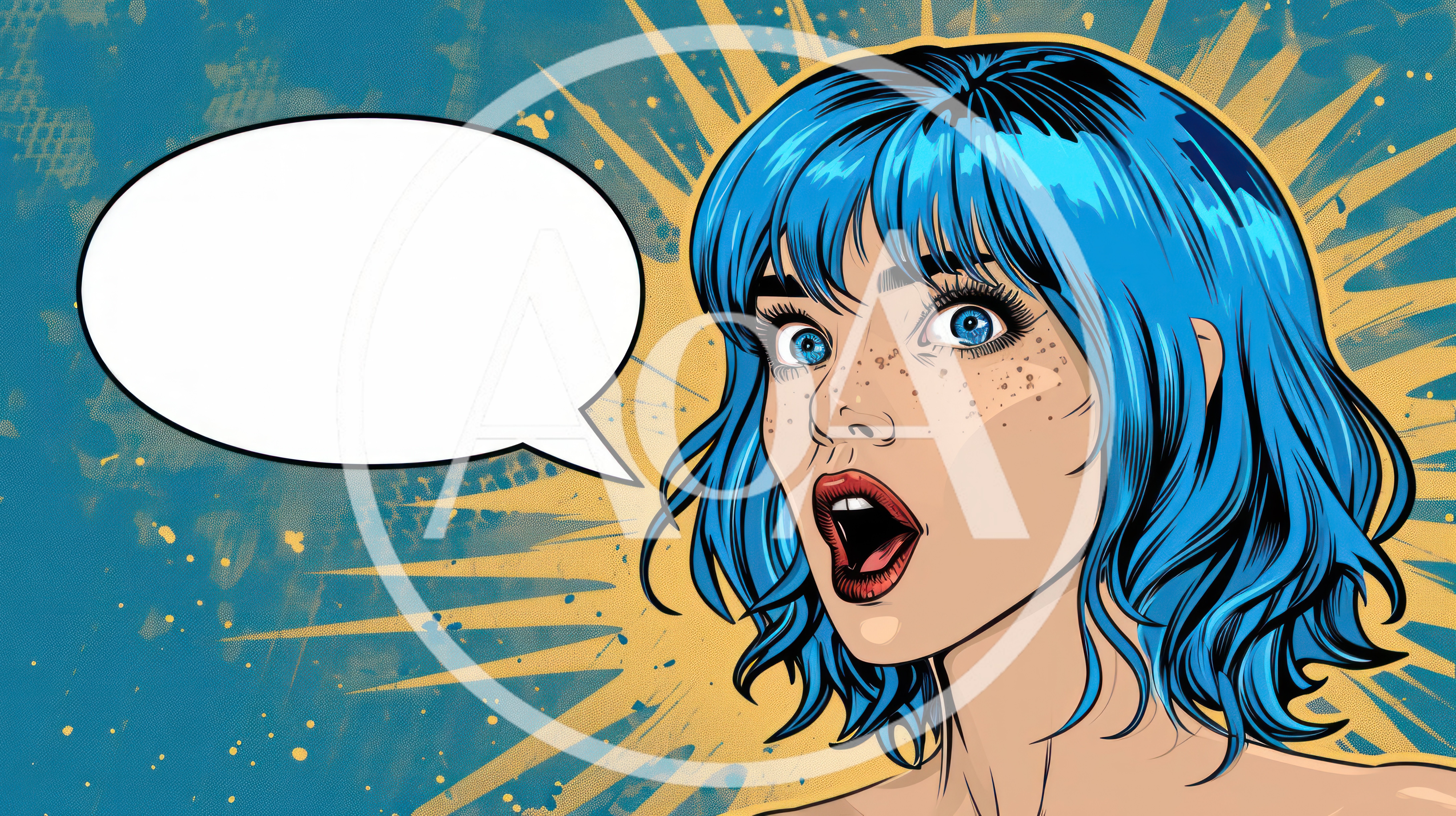 Pop Art Illustration Of Surprised Woman With Blue Hair
