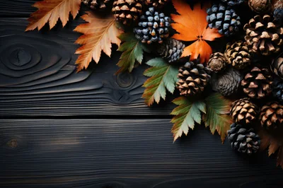 Autumn Pine Cones and Fall Leaves on Dark Wood