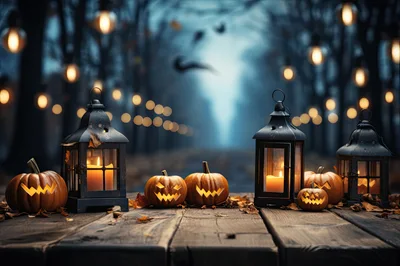 Halloween Jack-O-Lanterns and Lanterns on Wooden Table