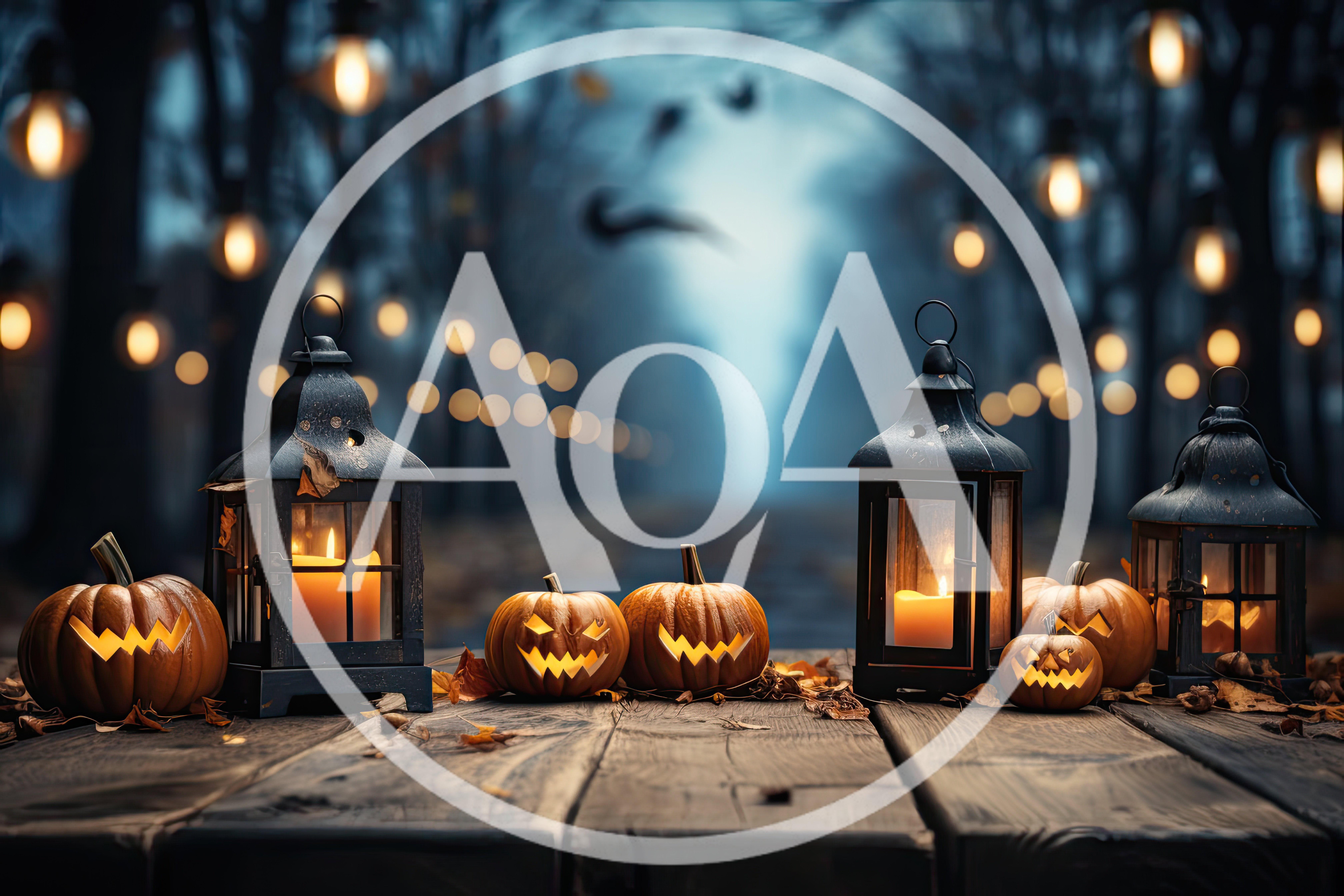 Halloween Jack-O-Lanterns and Lanterns on Wooden Table