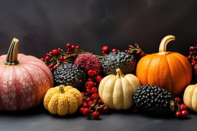 Autumn Harvest Display With Pumpkins And Berries