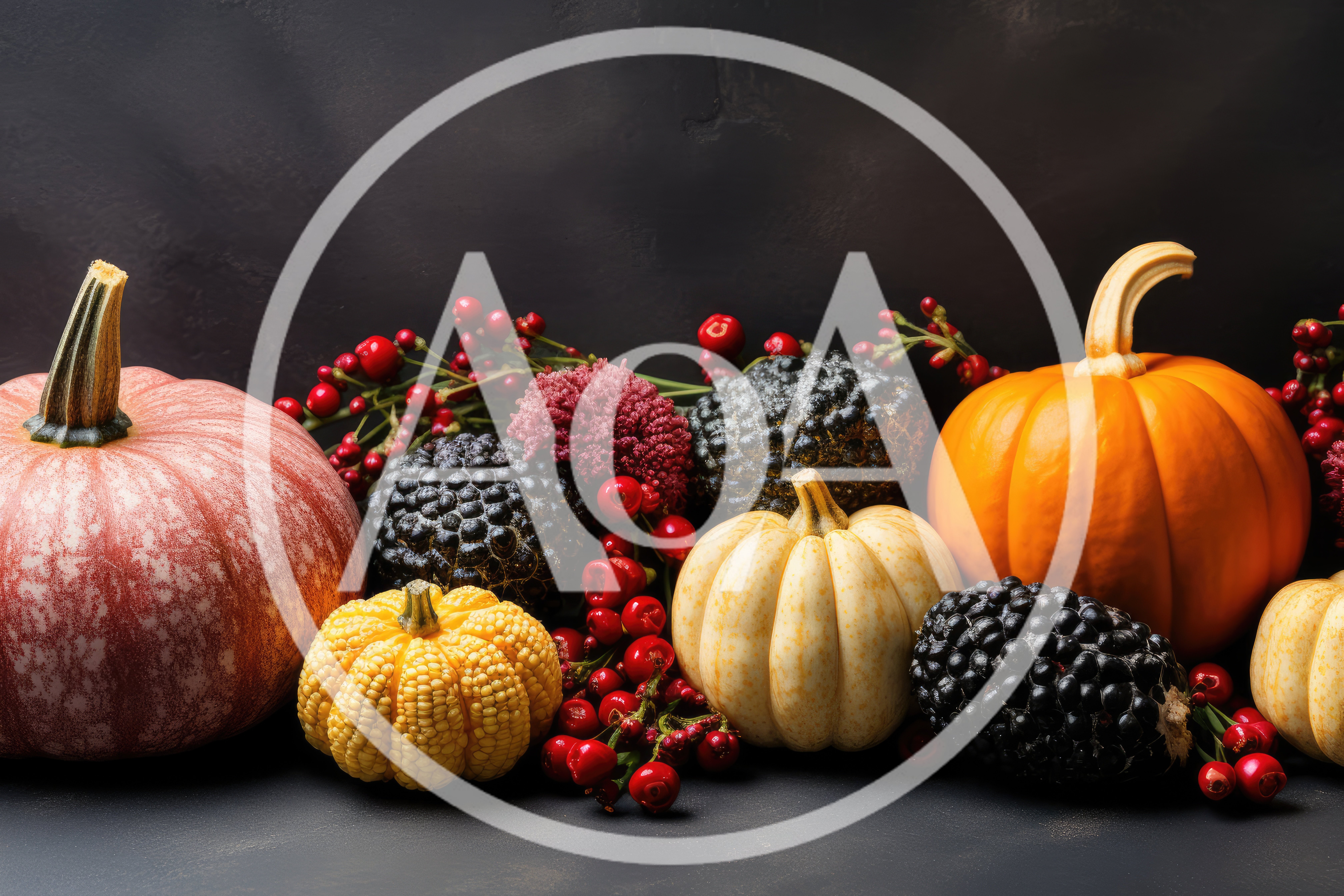 Autumn Harvest Display With Pumpkins And Berries