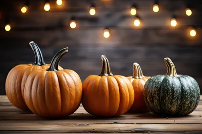 Assorted Pumpkins Arranged on Rustic Wooden Table