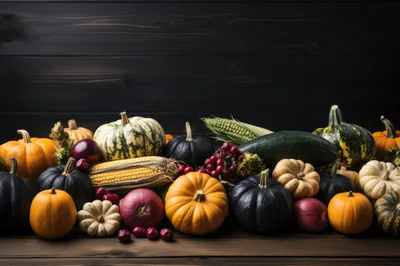 Assorted Autumn Harvest Vegetables On Wooden Table
