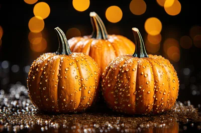 Three Wet Pumpkins With Bokeh Background
