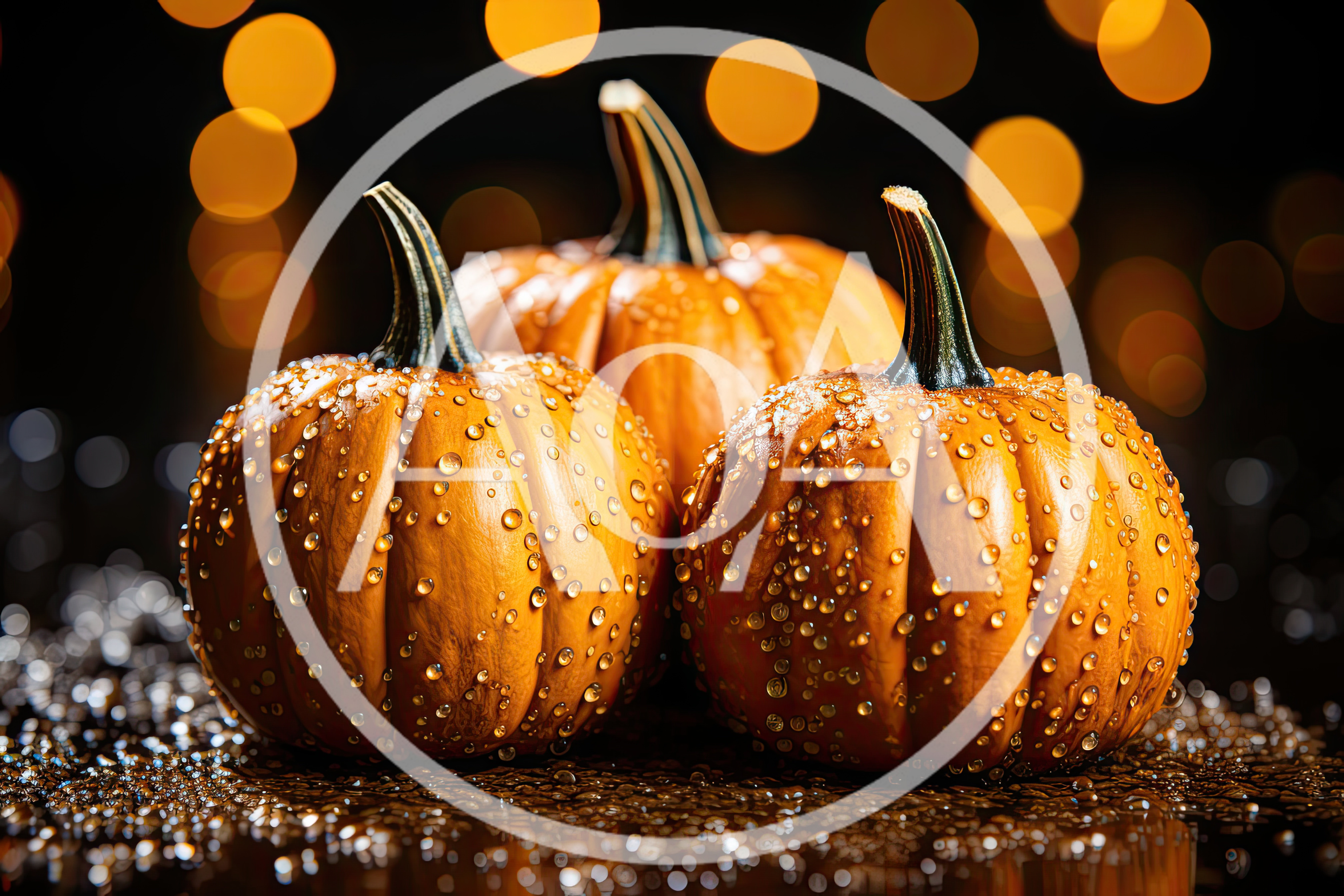 Three Wet Pumpkins With Bokeh Background