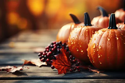 Autumn Pumpkins With Dew Drops On Wooden Table